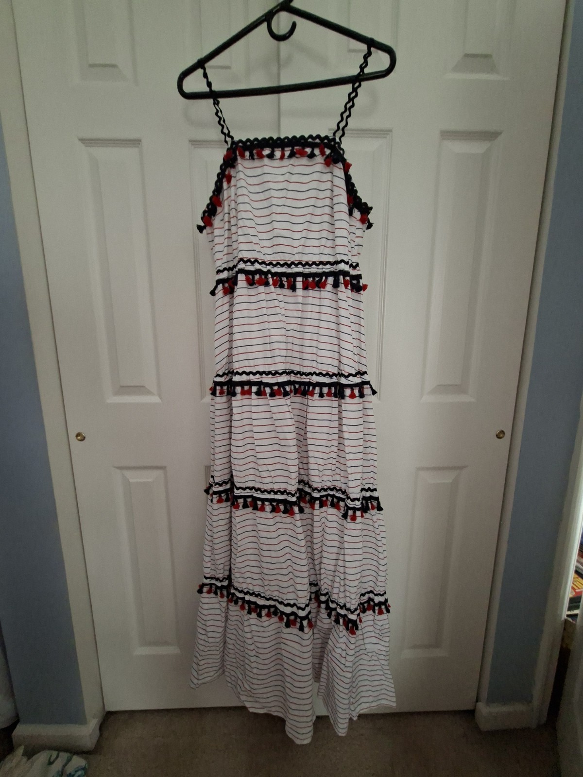 New L’ATISTE Boho Tiered White Blue Red Cotton Maxi Dress Size Medium or Large