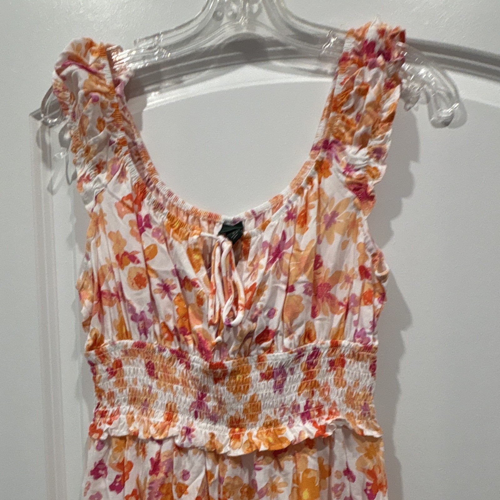 Wild Fable Floral Smocked Ruffle Mini Dress Women’s S White Orange Pink