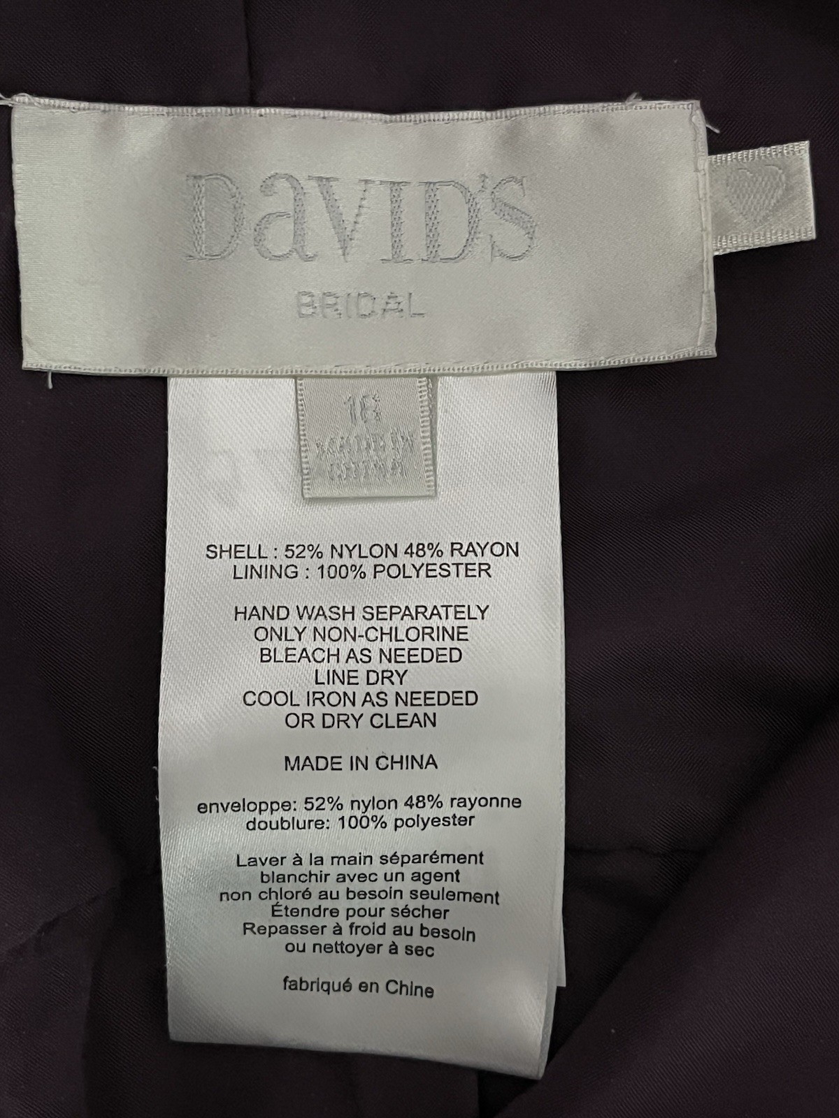 David’s Bridal Short Sleeveless All Over Lace Plum Bridesmaid Dress Sz 16