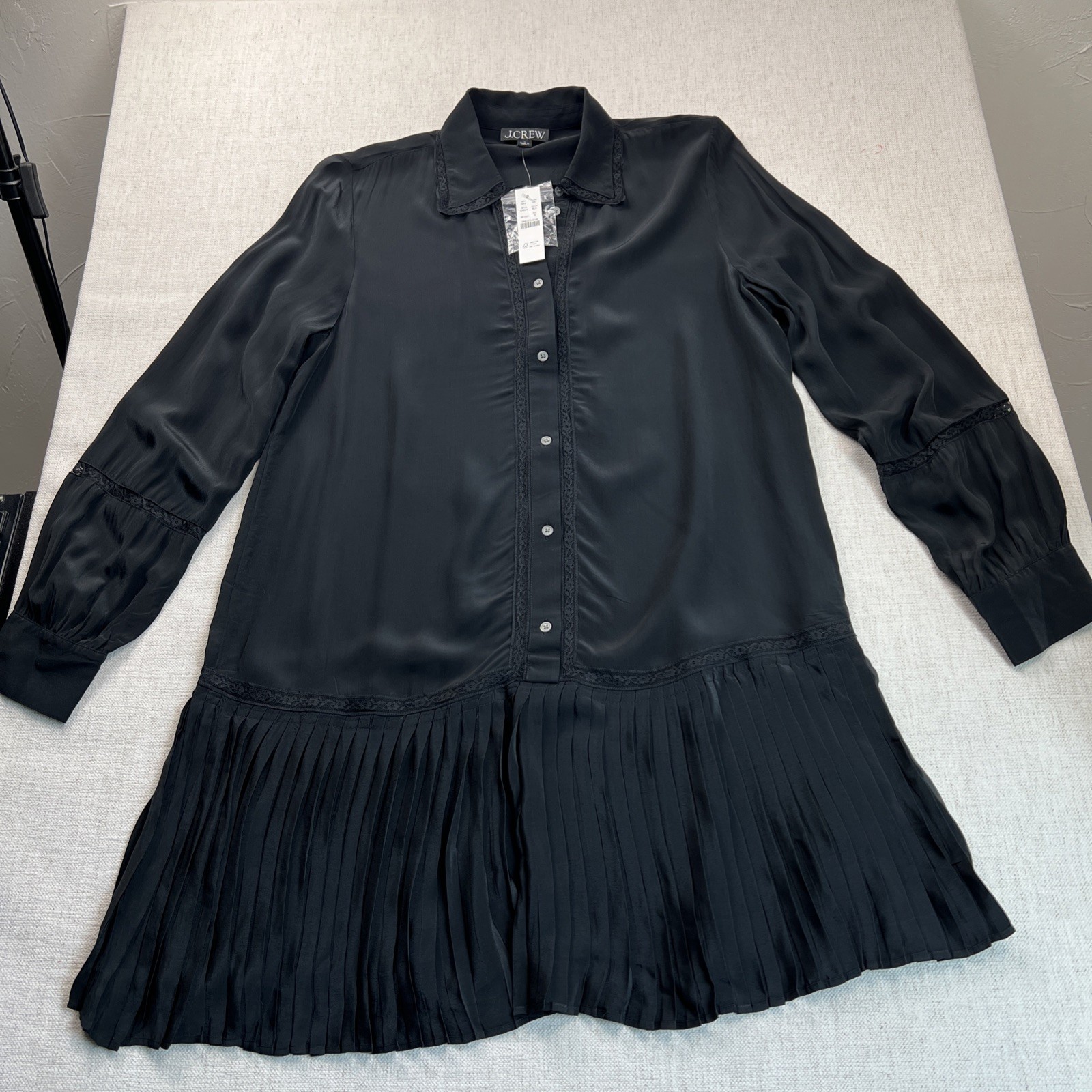 J. Crew Black Drop Waist Lace Trim Dress Sz S Long Sleeve Pleated Skirt NWT