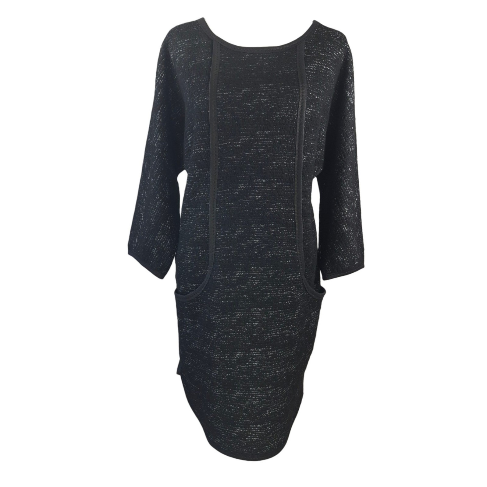 Max Edition Black Shift Dress Faux Leather Trim Pockets Long Sleeves Knit Medium
