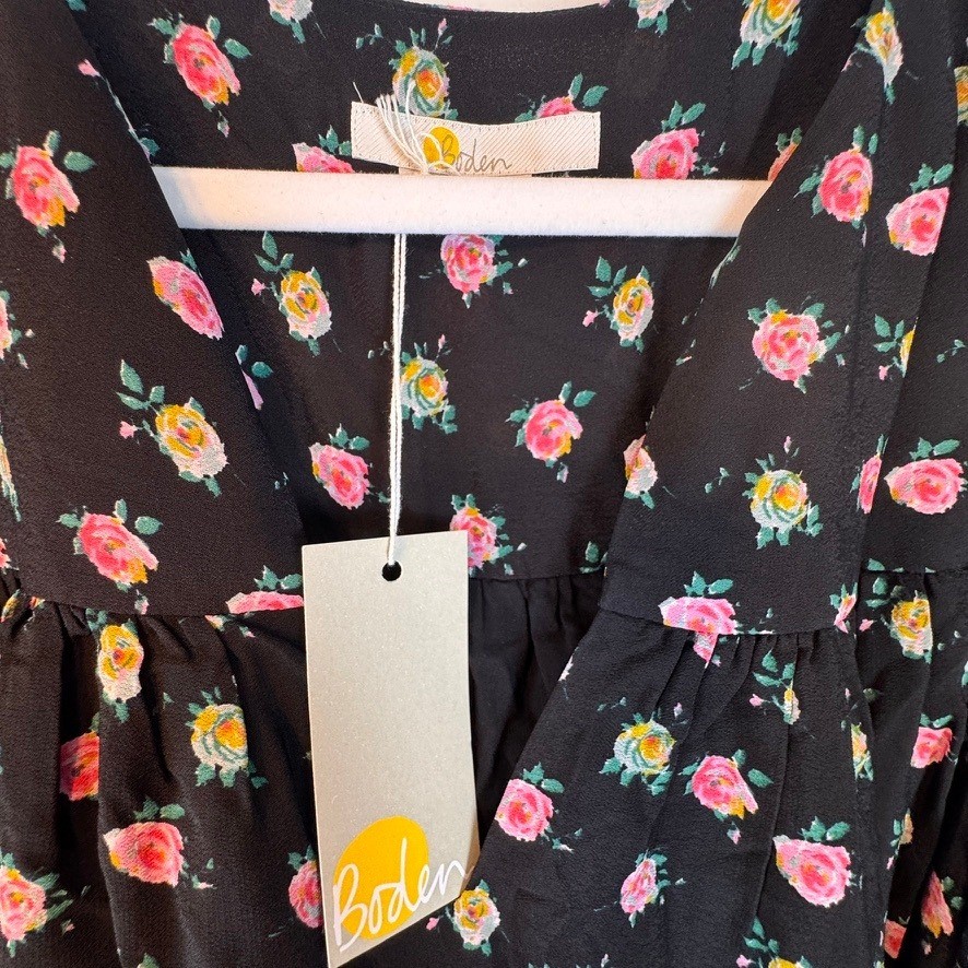 Boden Black Floral Rose V-Neck Midi Dress Long Sleeve Tie Waist D0389 Womens 6R