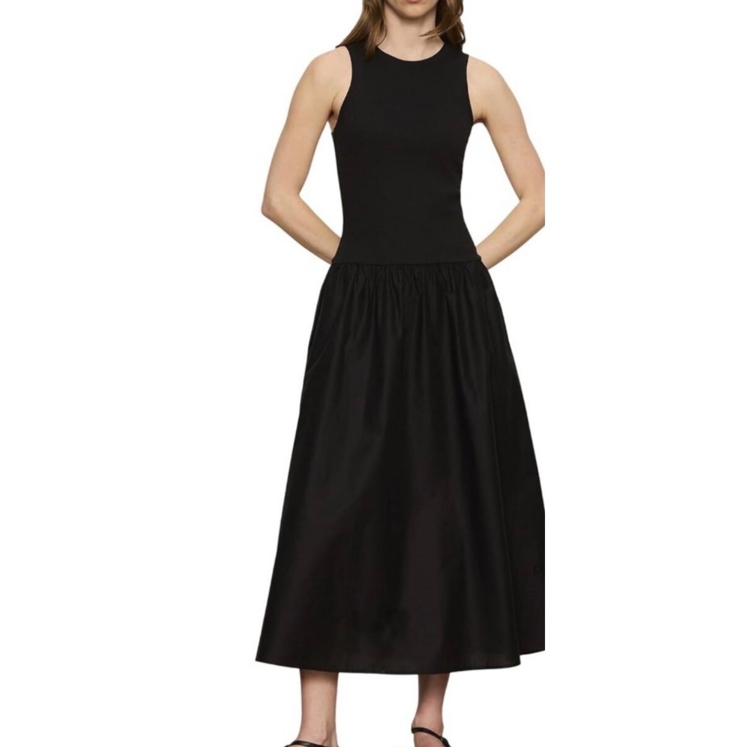 Source Unknown PLN Seoul Black Mixed Media Sleeveless Drop Waist Poplin Dress
