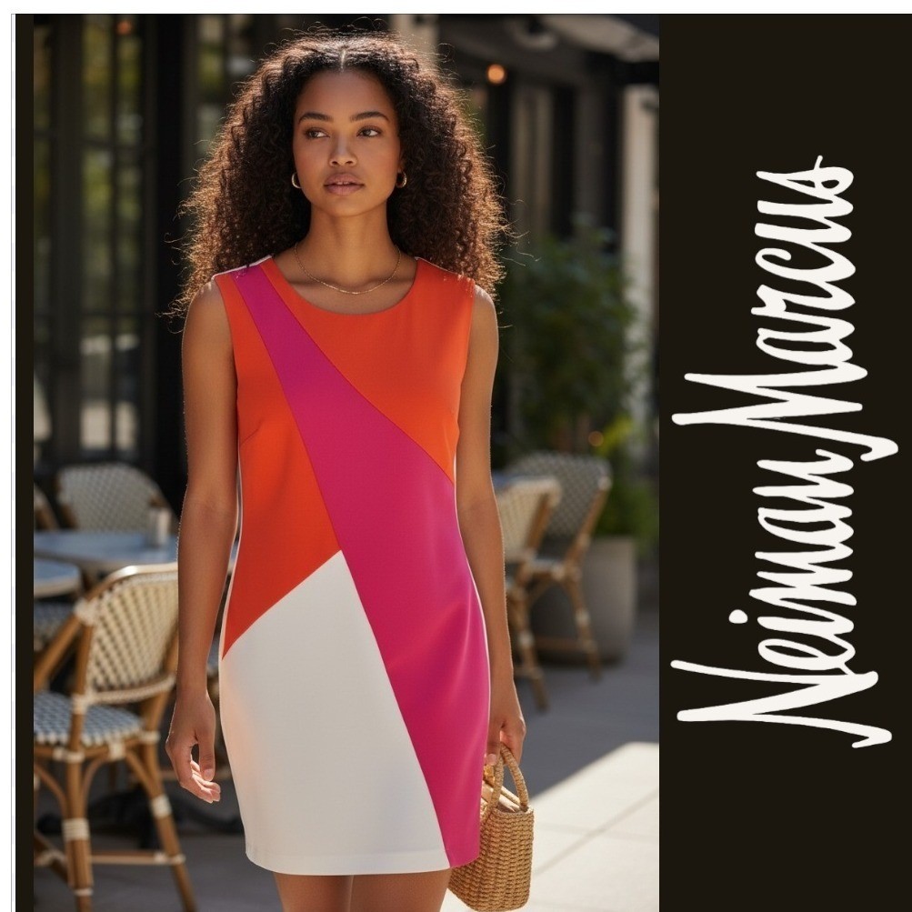Neiman Marcus Womens Colorblock Sheath Dress Orange Pink White Size 6 D3075