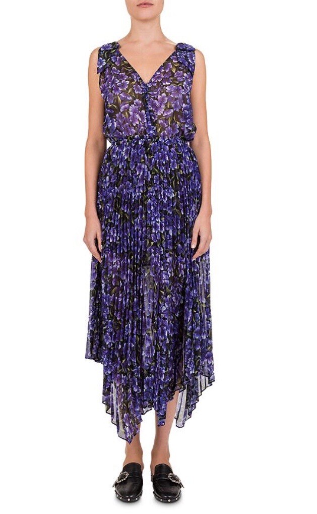 The Kooples Hortensia Floral Chiffon Pleated Maxi Dress Asymmetric Hem Sz M
