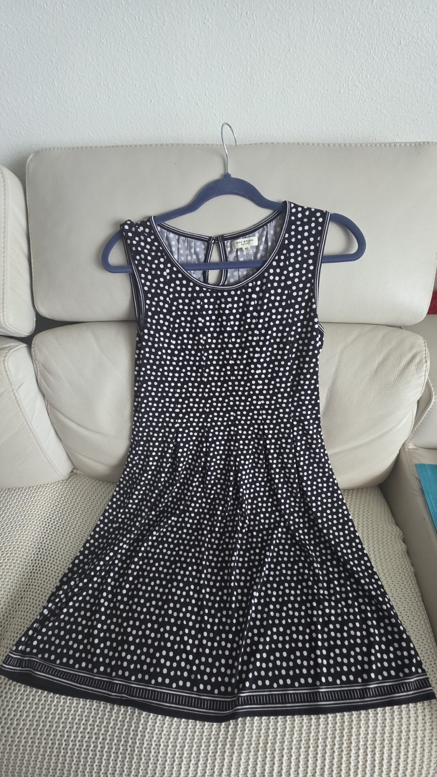 Max Studio Petite sleeveless stretch polka dot A-line dress MP with stripe trim