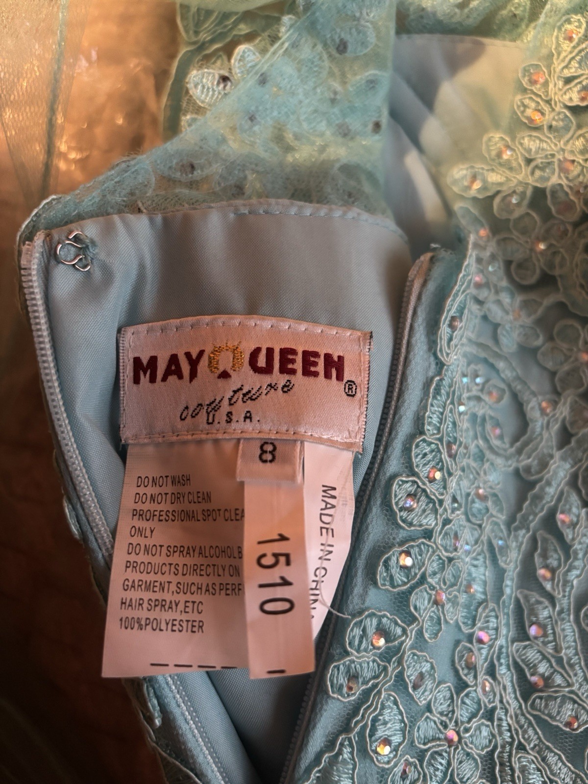 May Queen Teal Beaded Sequin Tulle Quinceañera/Dama Dress Size 8