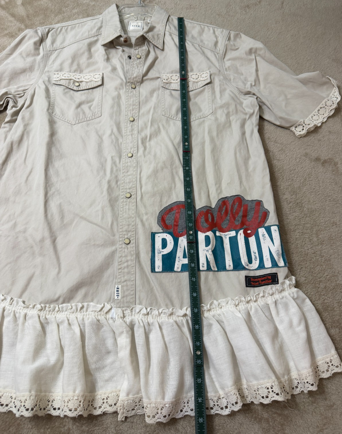 Dolly Parton Lace Ruffle Western Shirt Dress Women’s XL Upcycled Velvet Familiar