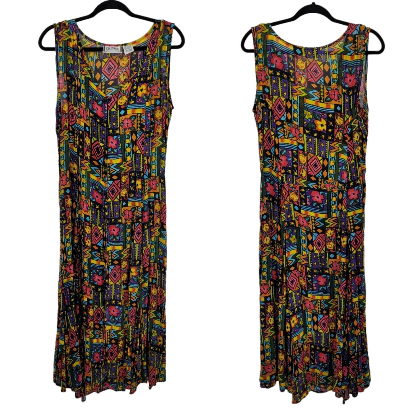 Vintage 80s Dress M Maxi Dopamine Jamaican Tropical Sleeveless MuMu Pinafore