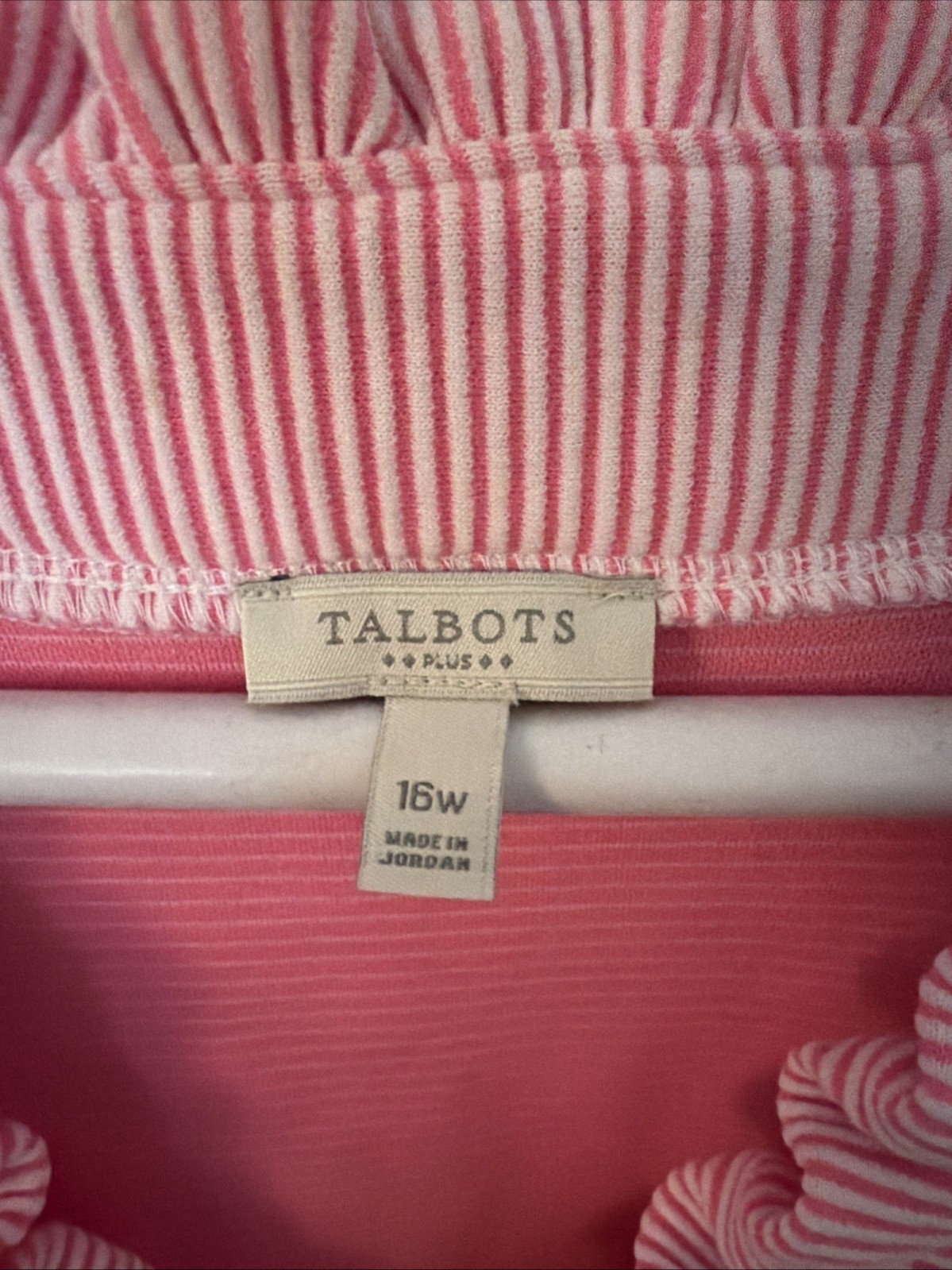 Talbots 16W Pink And White Striped Sleeveless Dress With Ruffle V Neck