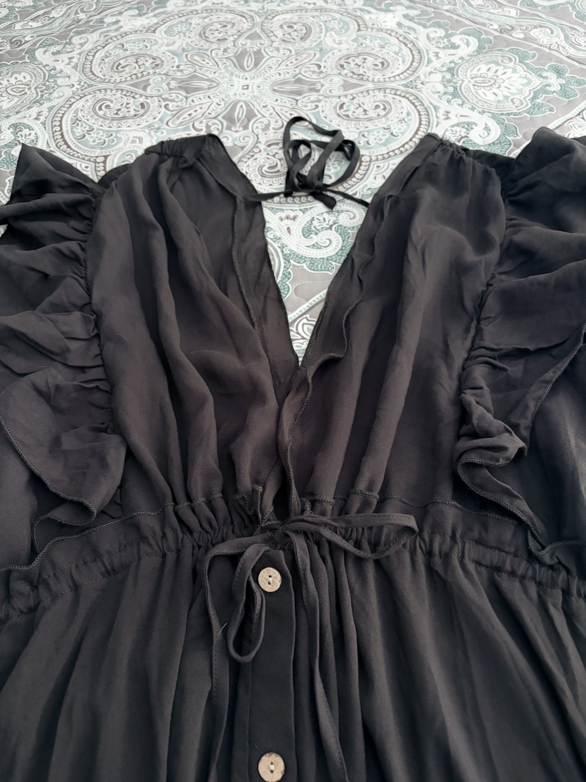 Halara Deep V Neck Butterfly Sleeve Drawstring Flowy Maxi Dress Black XL New!
