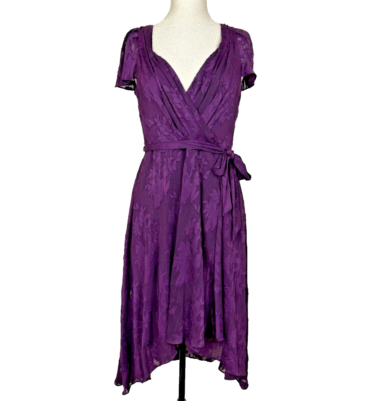 DKNY Dress Womens 12 Purple Floral Wrap Chiffon Hi Low Belted Midi Cocktail