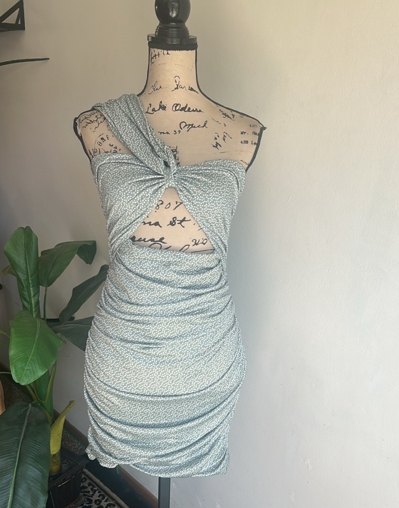 Lovers + Friends Maysen Dot Riches In Sage Bodycon Ruched Dress Size Medium NWT