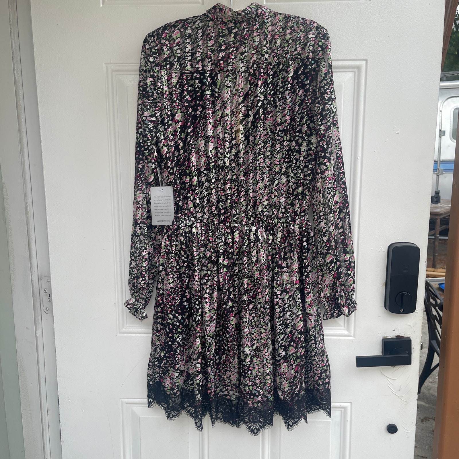 Alexia Admor Floral Chiffon Mini Dress Lace Hem Tie Neck Long Sleeve NWT Size M