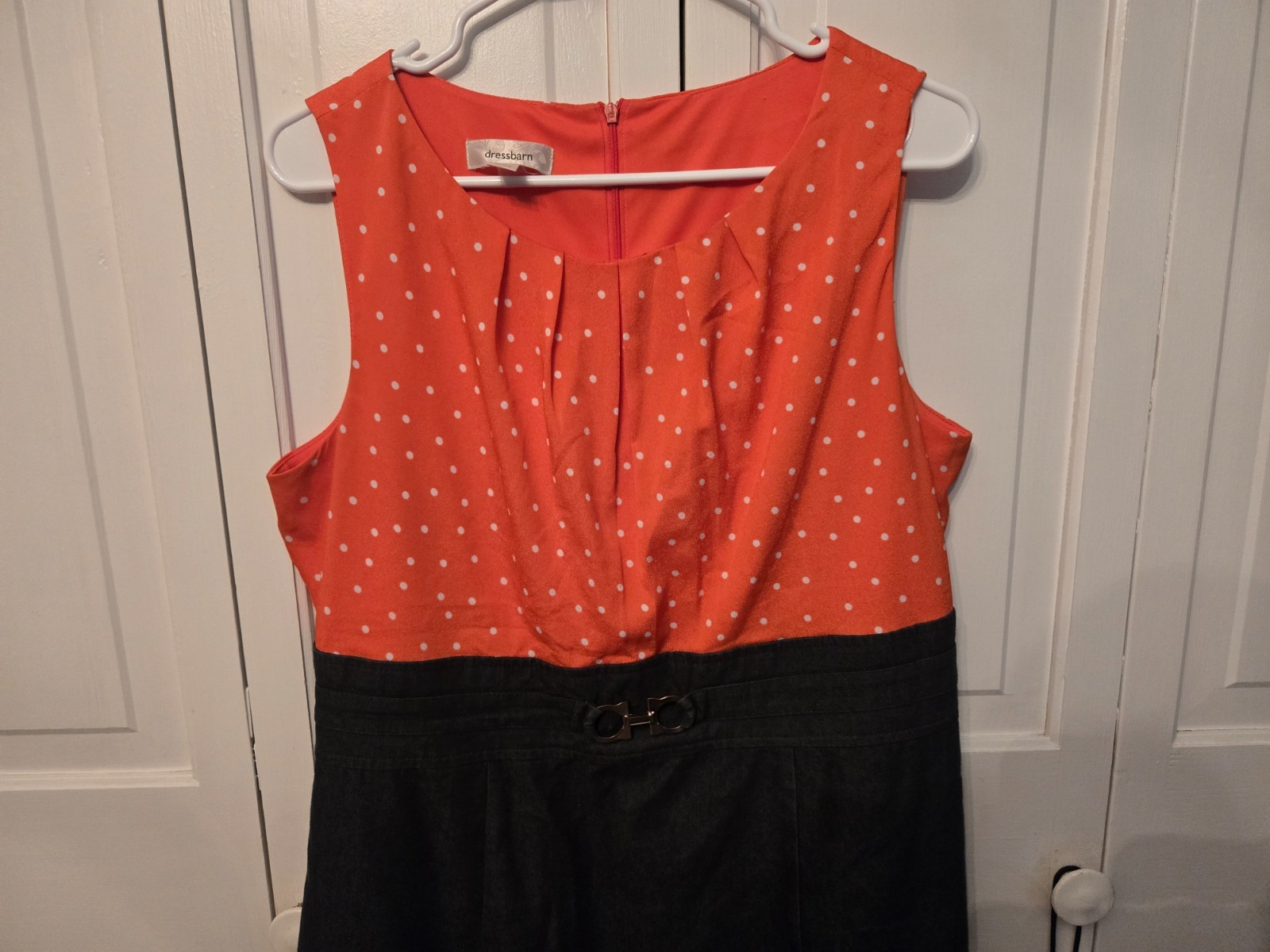Dressbarn dress size 14 Orange with white polka dot and blue bottom silver buckl