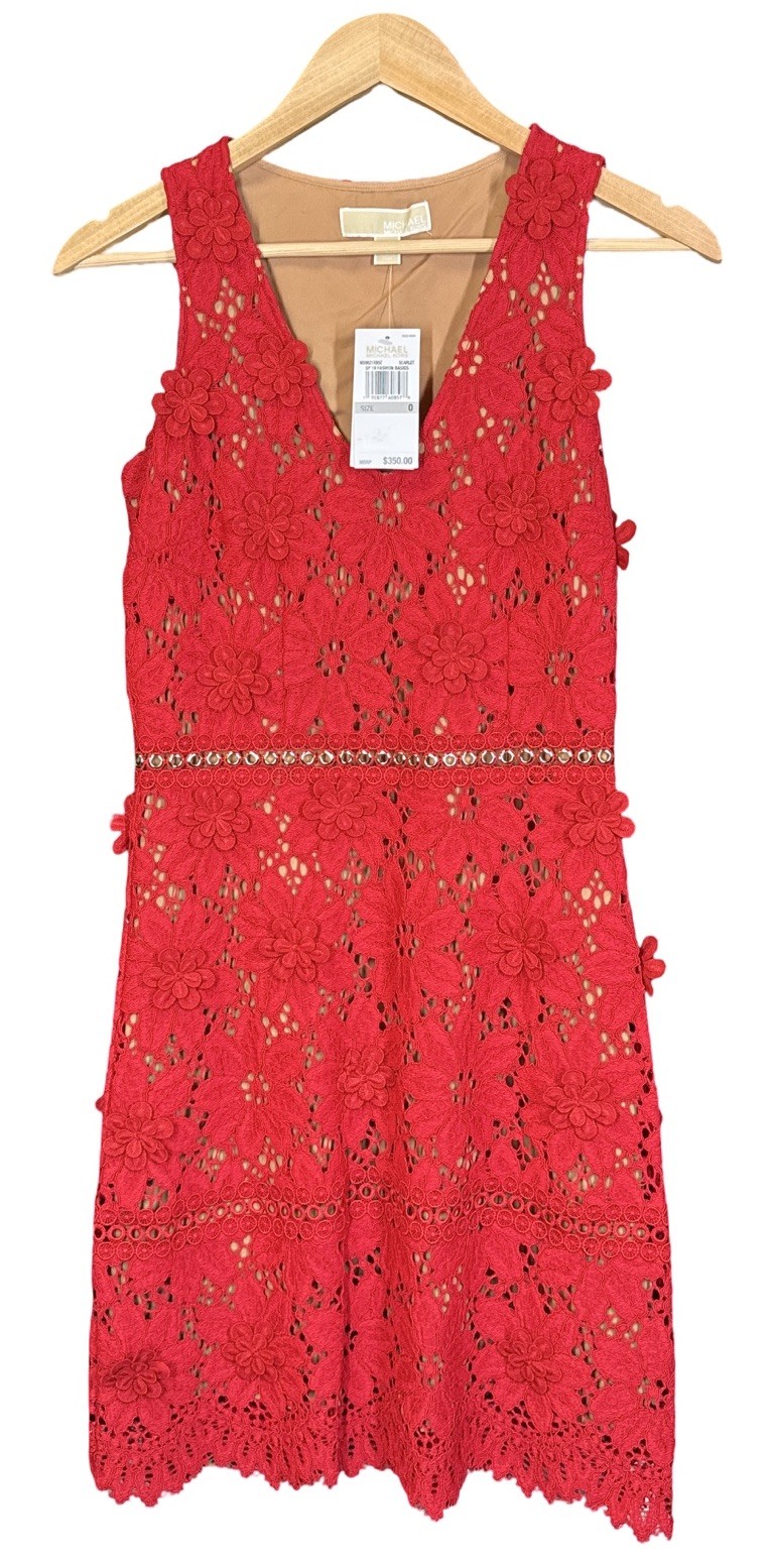 Michael Kors Scarlet Red Floral Appliqué Lace Mid Length Dress Size 0 – NWT $350