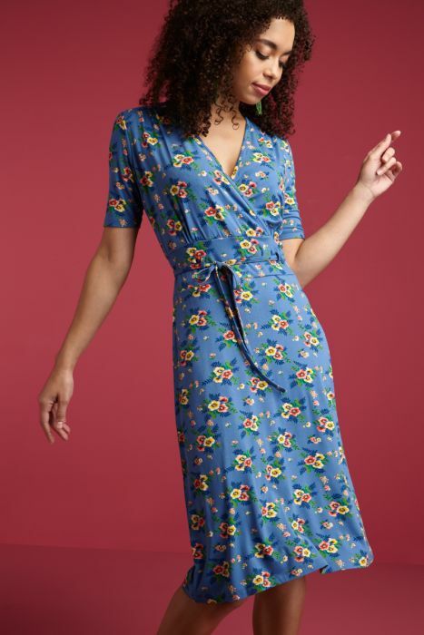 King Louie 03673 A-Line Blu Viscose Blend Floral Short Sleeve V-neck Dress