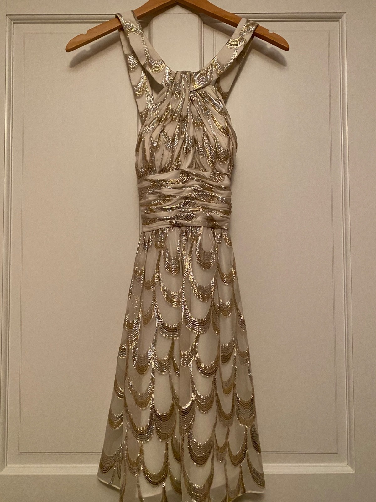Aidan Mattox Ivory Gold Silk Metallic Halter Dress Size 2 – New w/ Tag