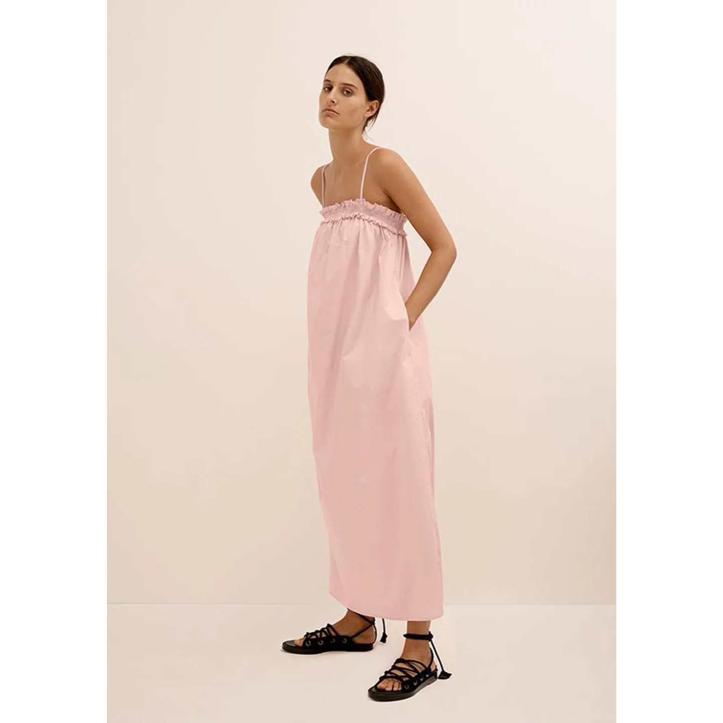 Bird & Knoll Ida Maxi Dress XS Pink Cotton Strappy Smocked Resort Vacation