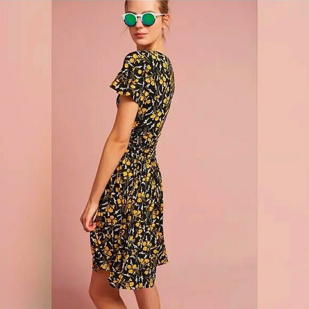 Anthropologie Maeve Paris Summer Breeze Midi Dress Yellow Floral Hook & Eye
