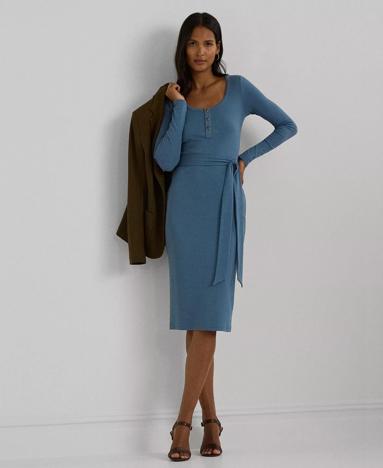Lauren Ralph Lauren Rib Knit Henley Belted Midi Dress M Long Sleeve – NEW
