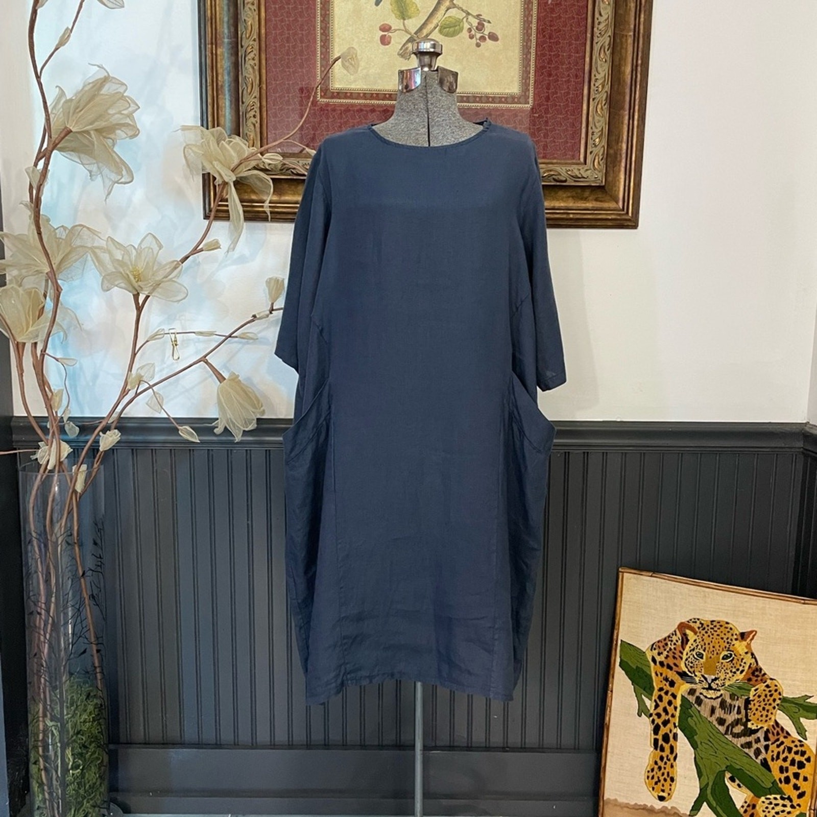 BECASA 100% Linen Slate Blue Lagenlook Box Dress – One Size 🧡🎀