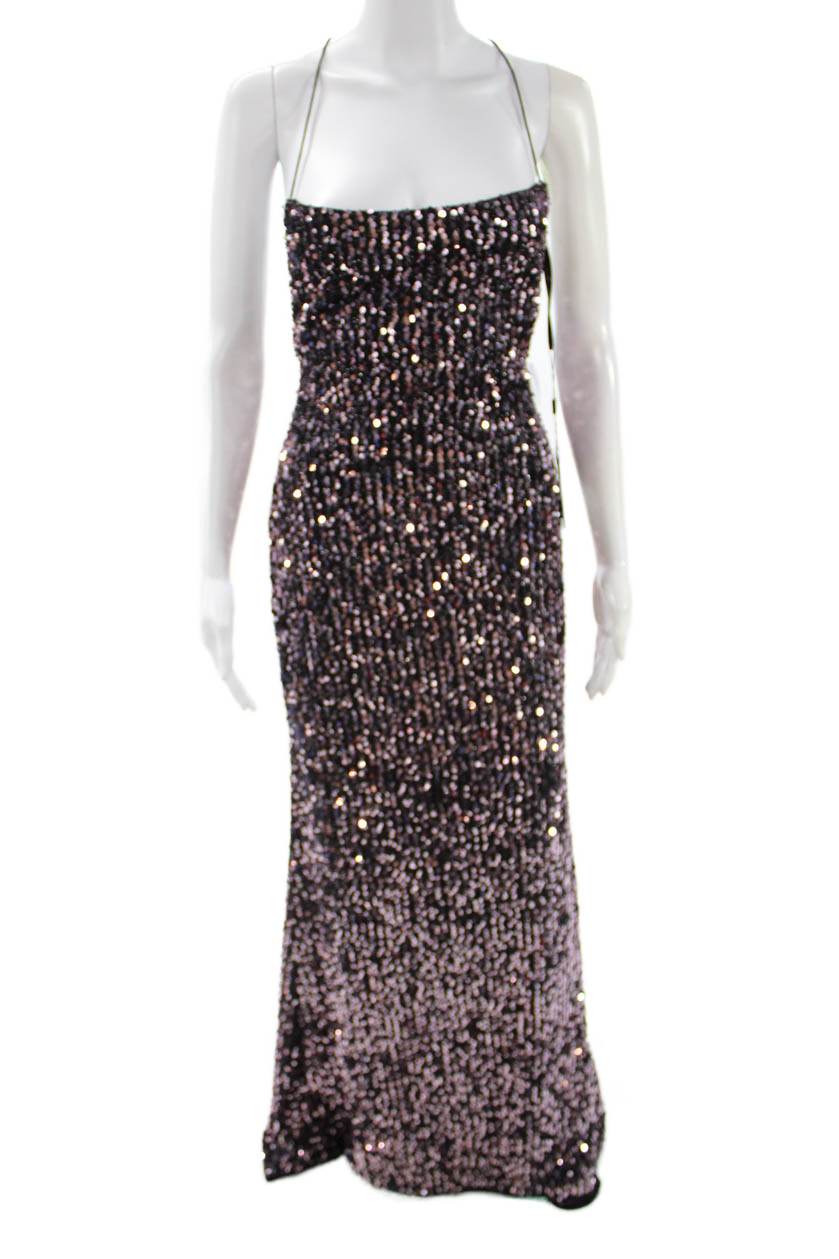 Ieena for MacDuggal Women Maxi Slip Dress Black Square Neck Lace Up Size 6