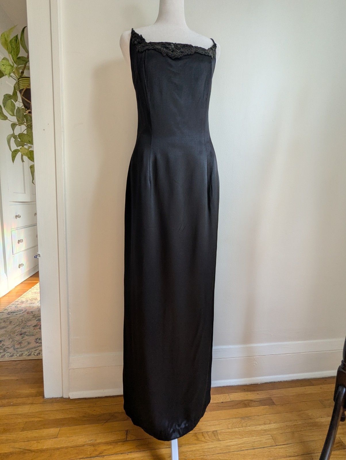 Vintage 90s Elegant Black Satin Sheath Gown With Beaded Bodice Square Neck 12