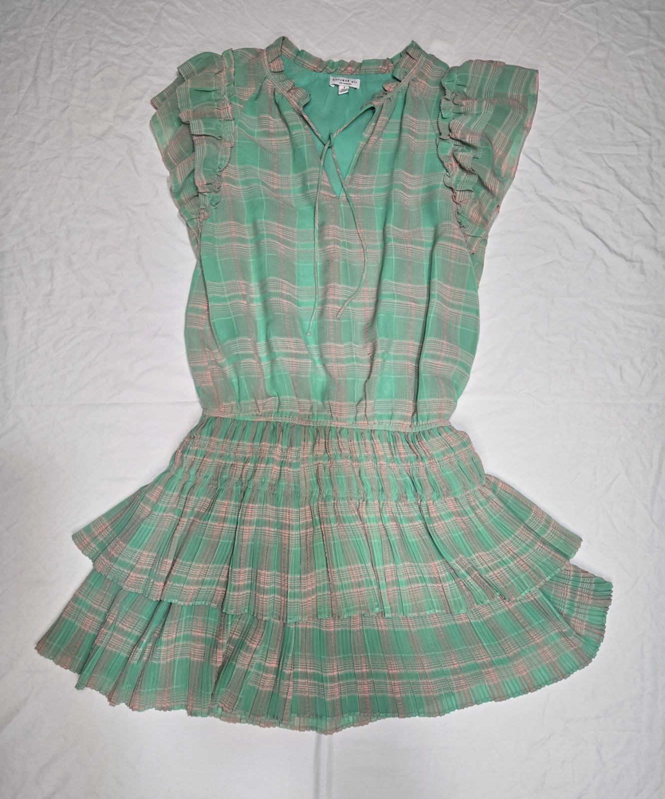 Anthropologie Current Air Zoey Pleated Mini Dress Green Pink Plaid Smocked Small