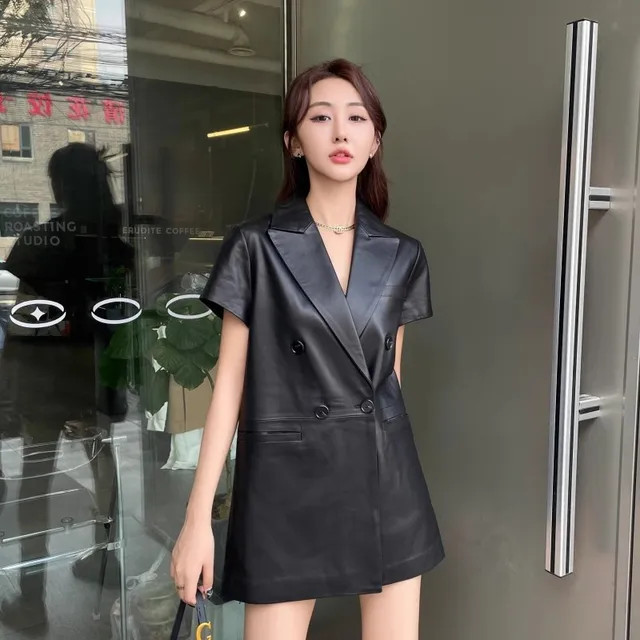 Women’s Real Lambskin Leather Coat Black Short Length Buttoned Jacket M L XL 2XL