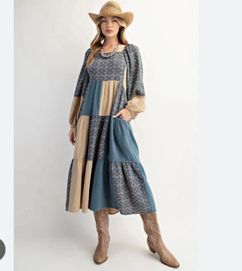 Size:M ED27367 Teal Khaki Patchwork Washed Cotton Gauze Dress