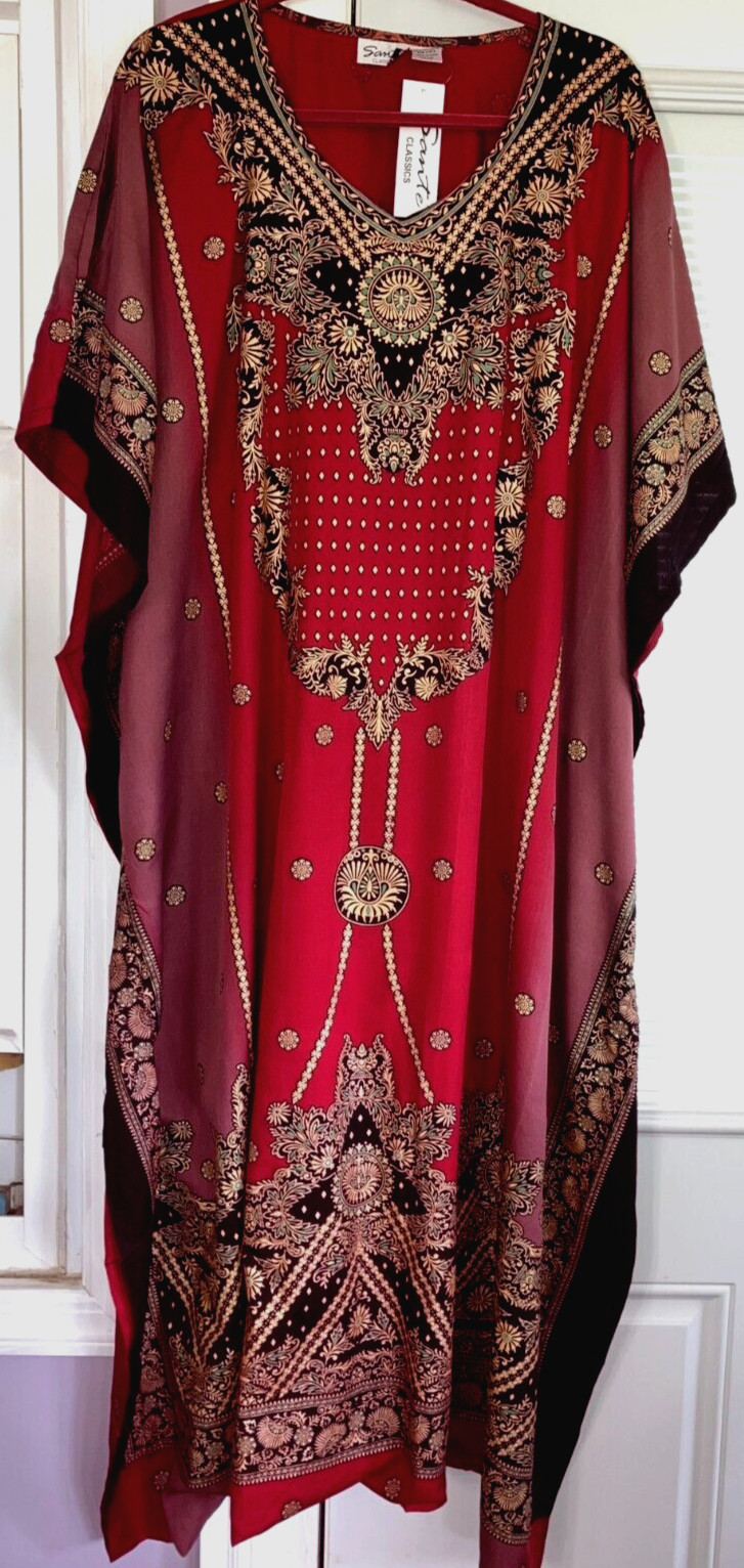 NEW MUMU 2X 3X SANTE KAFTAN CAFTAN HOUSE DRESS DEEP RED PLUM BLACK & GOLD #HJ