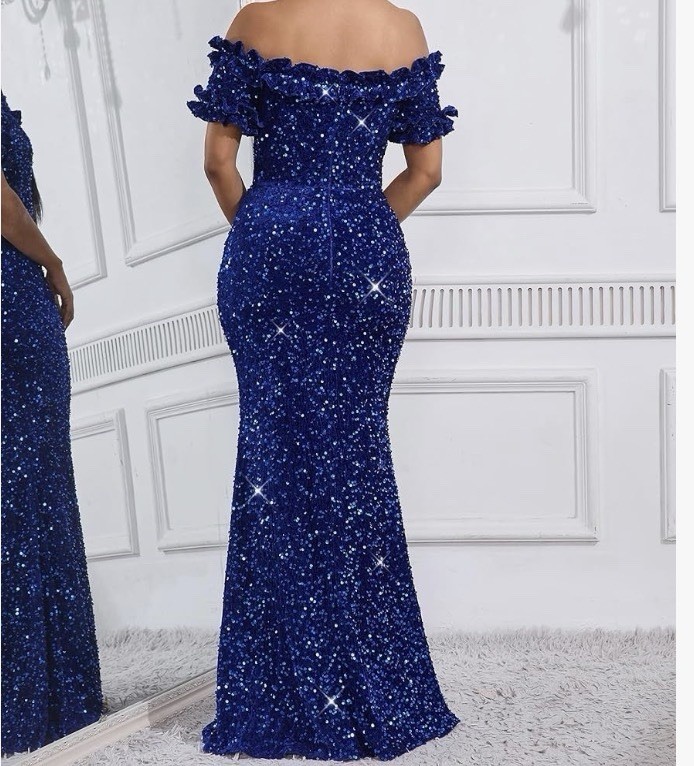 Dasmzper Blue Sequin Off Shoulder Bodycon Dress XL Ruffle Sleeve Zip Long