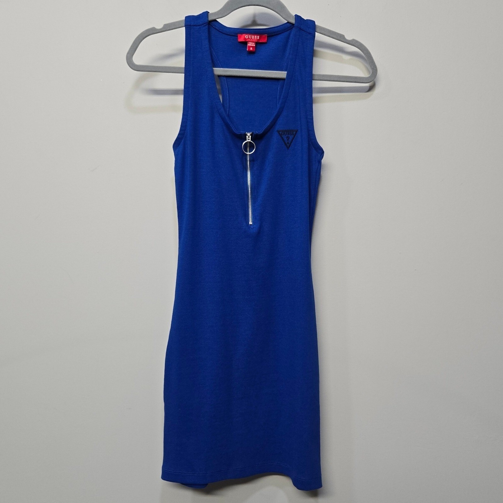 Guess Los Angeles Mini Tank Dress Medium Retro Y2K Blue Rib Knit 1/4 Zip Logo