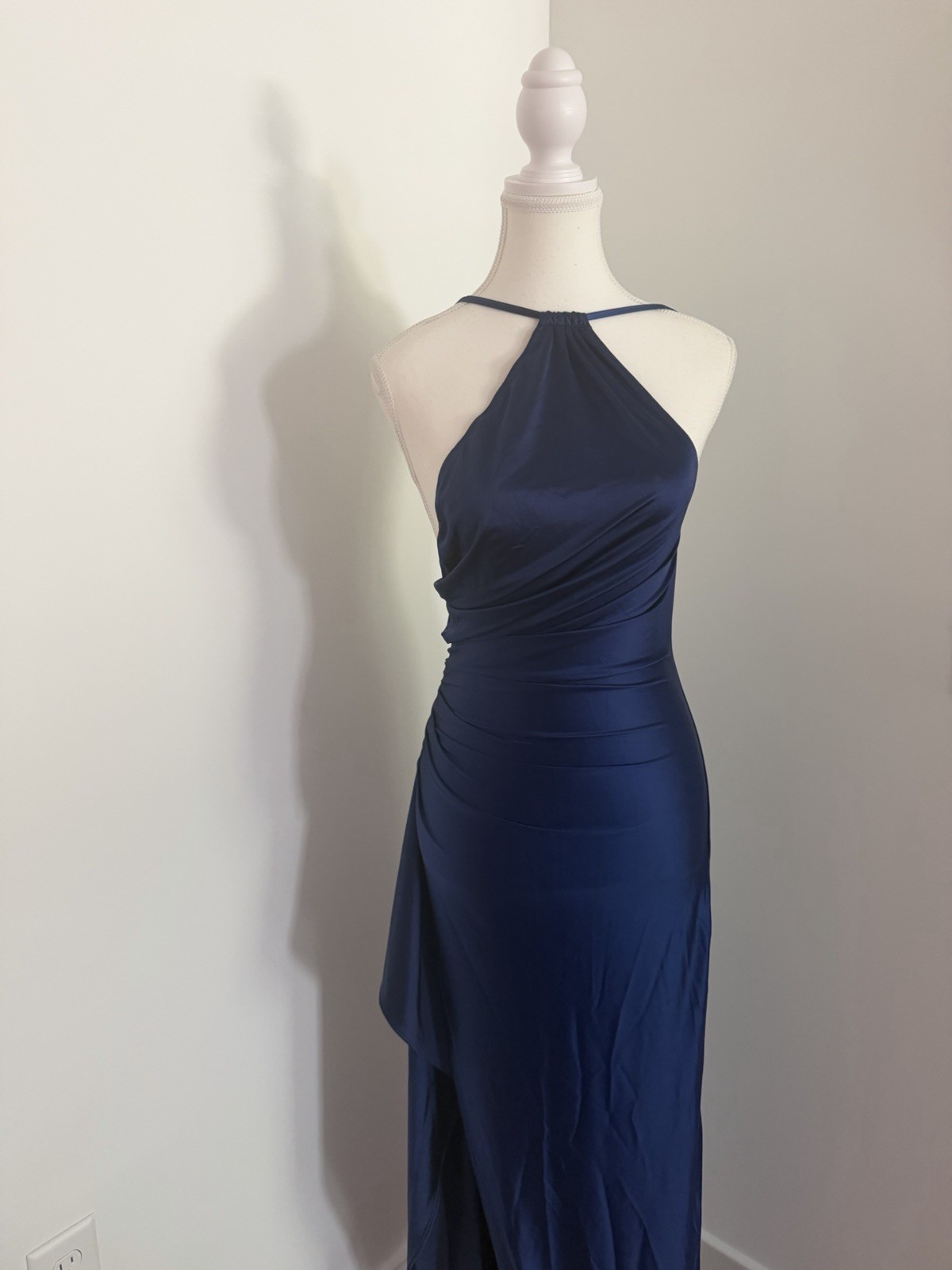 Elegant blue Smooth and stretchy Maxi evening Dress Halter Neck, wedding guest