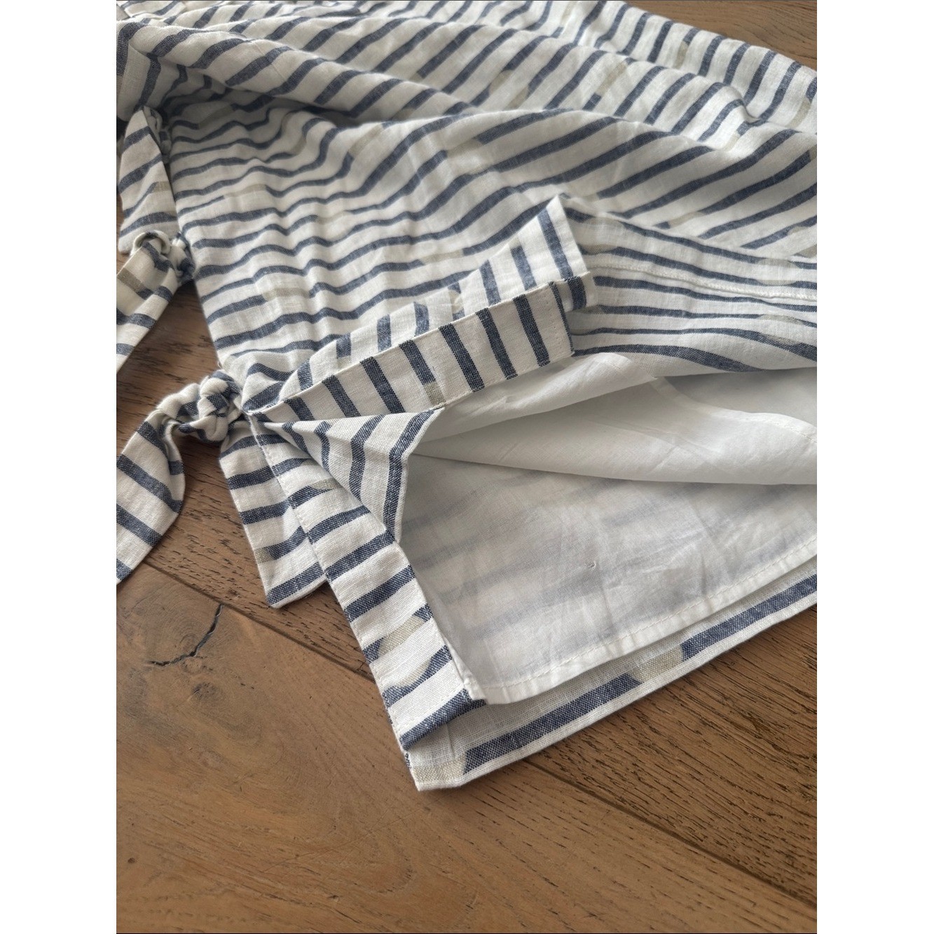 WHIT striped linen shift dress features flutter sleeves and a side tie accents