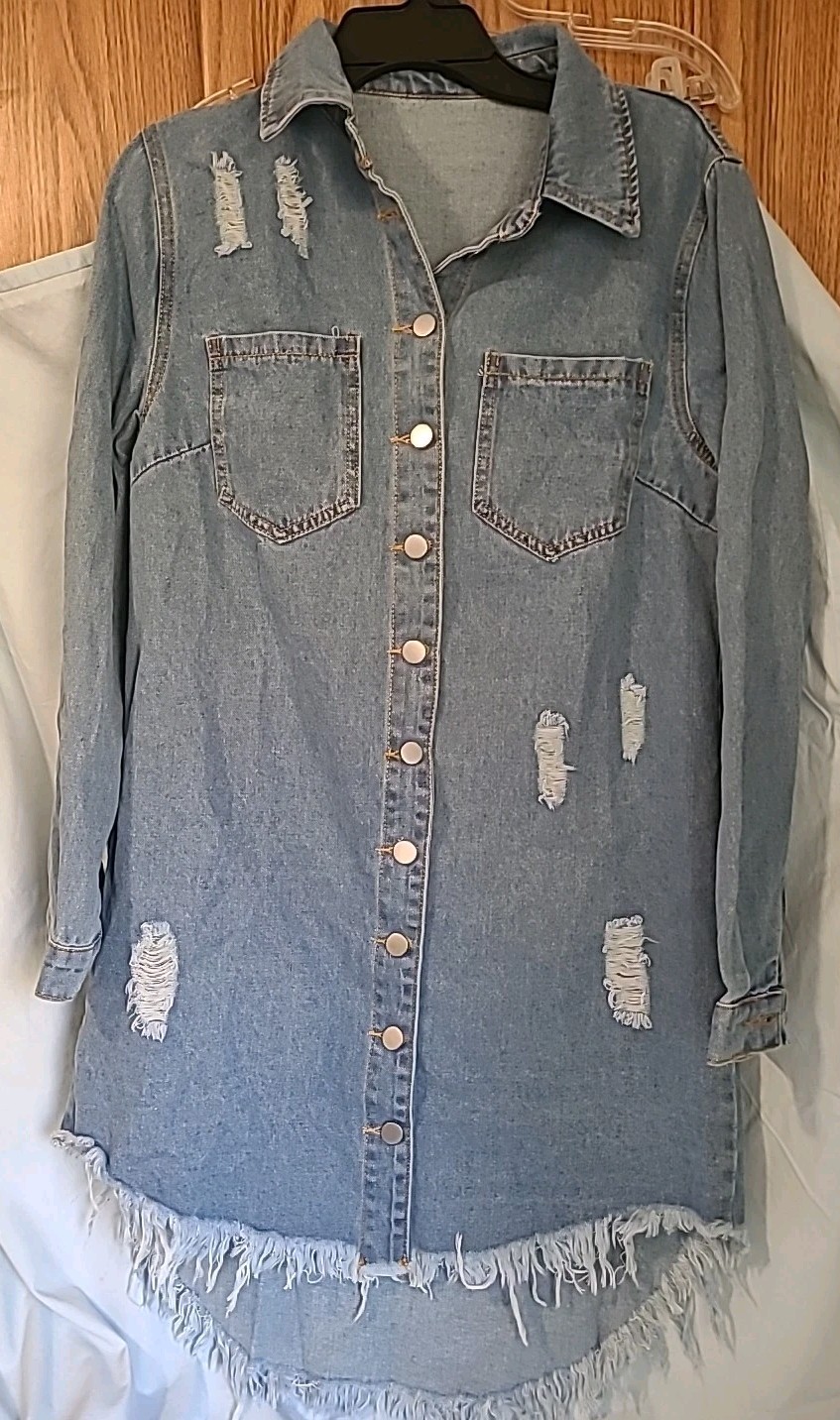 Blue Jean Denim Button Down Dress Sz M Tunic Pockets Ripped Raw Hem Distressed
