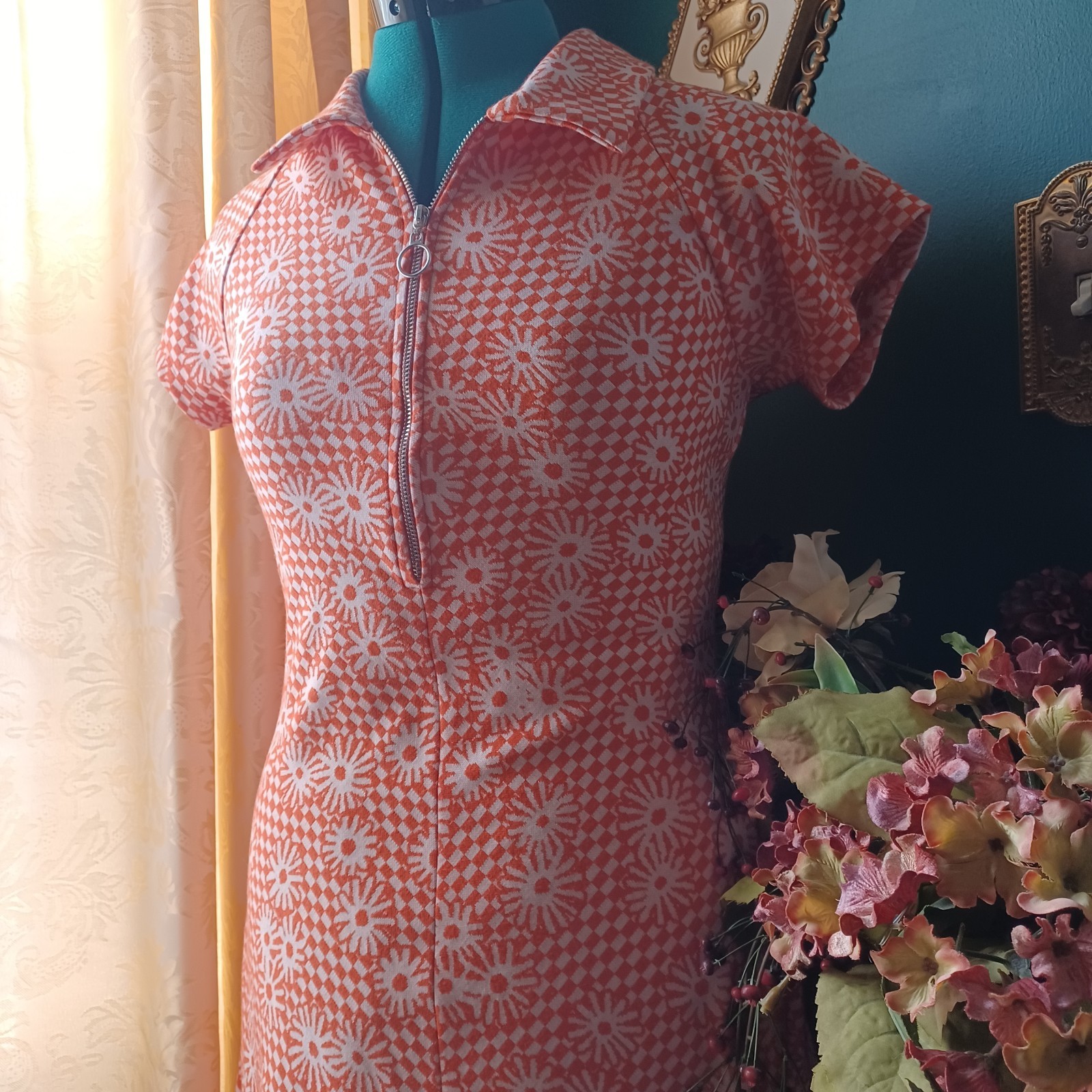 Urban Outfitters Orange and White Floral and Checkerboard Print Knit Mini Dress