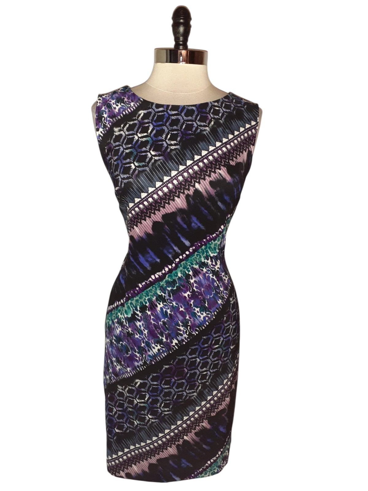 CONNECTED Size 16 Sheath Dress Black Purple Teal Sleeveless Stretch Woven