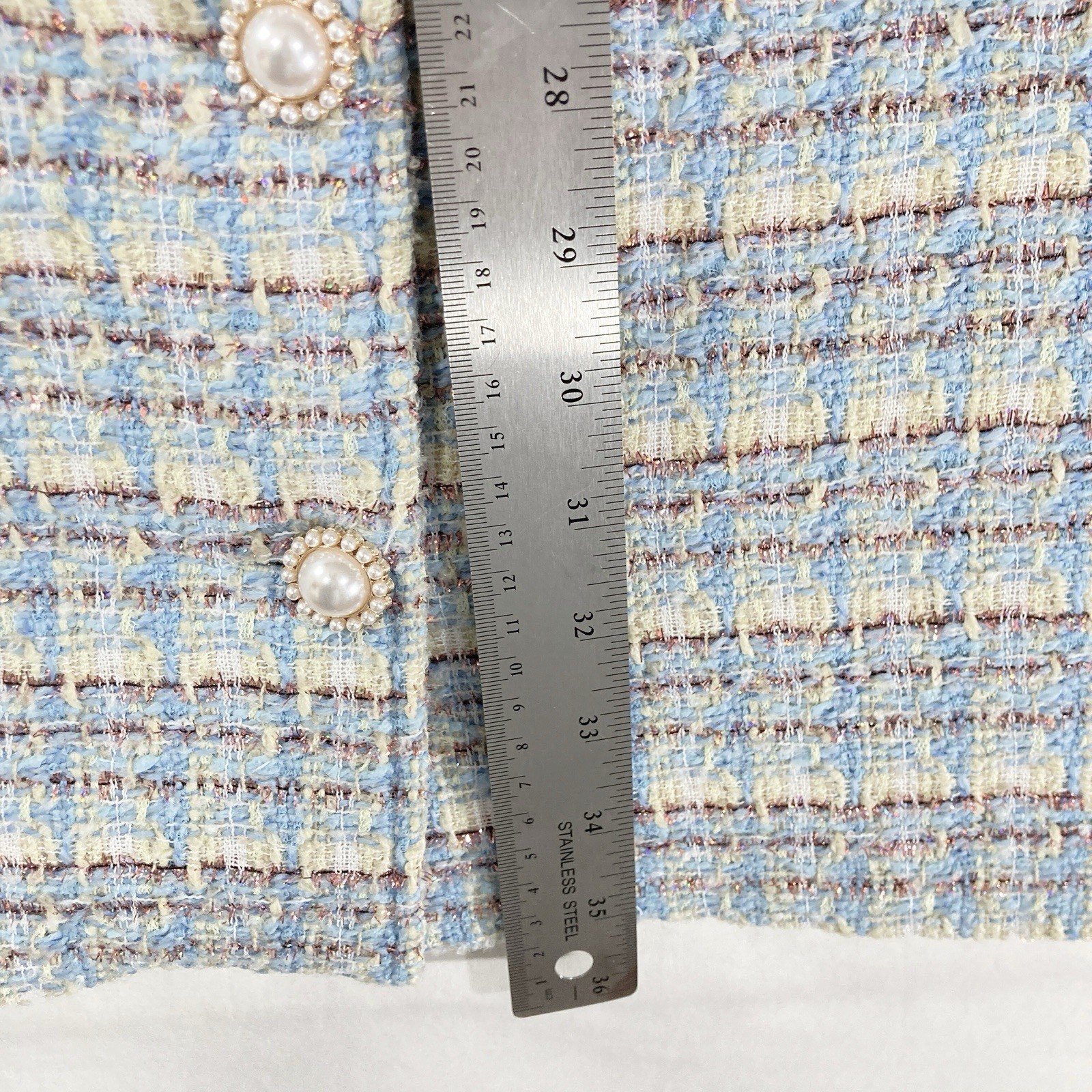 Euro Wool Tweed Pearl Button Front Woven Baby Blue Retro Dress Womens M NWT $140