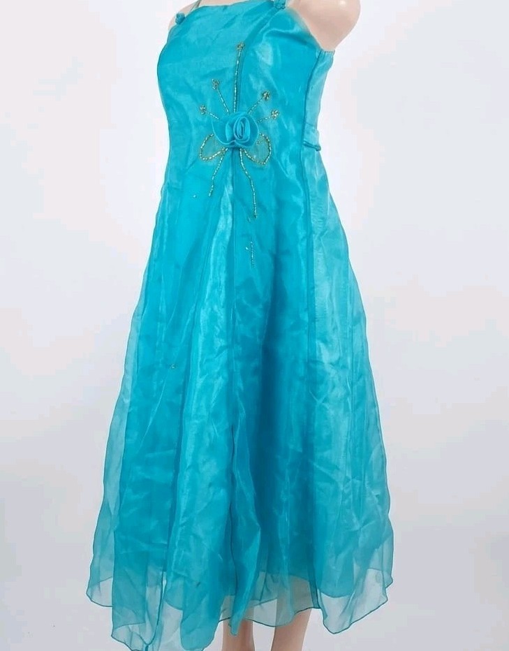 Gino Blue Beaded Bow Chiffon Fit & Flare Midi Dress Lined Zip 14 J1293