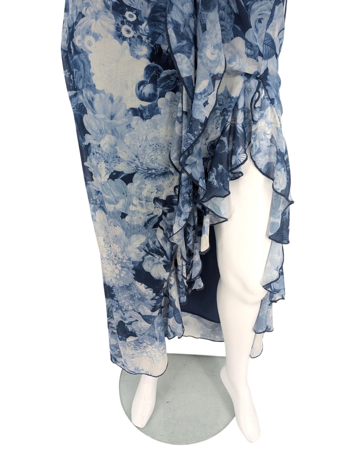 Floral Mesh Halter Midi Dress Open Back Ruched Side Slit Ruffle Cocktail Medium