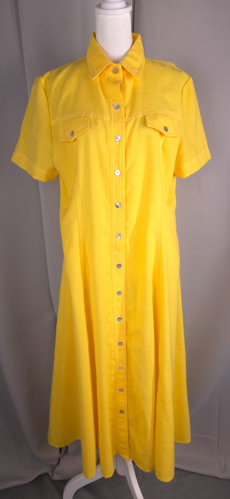 Womens Dress PL 14P Vintage 80s Lemon Yellow Button Front Midi Shirt Retro
