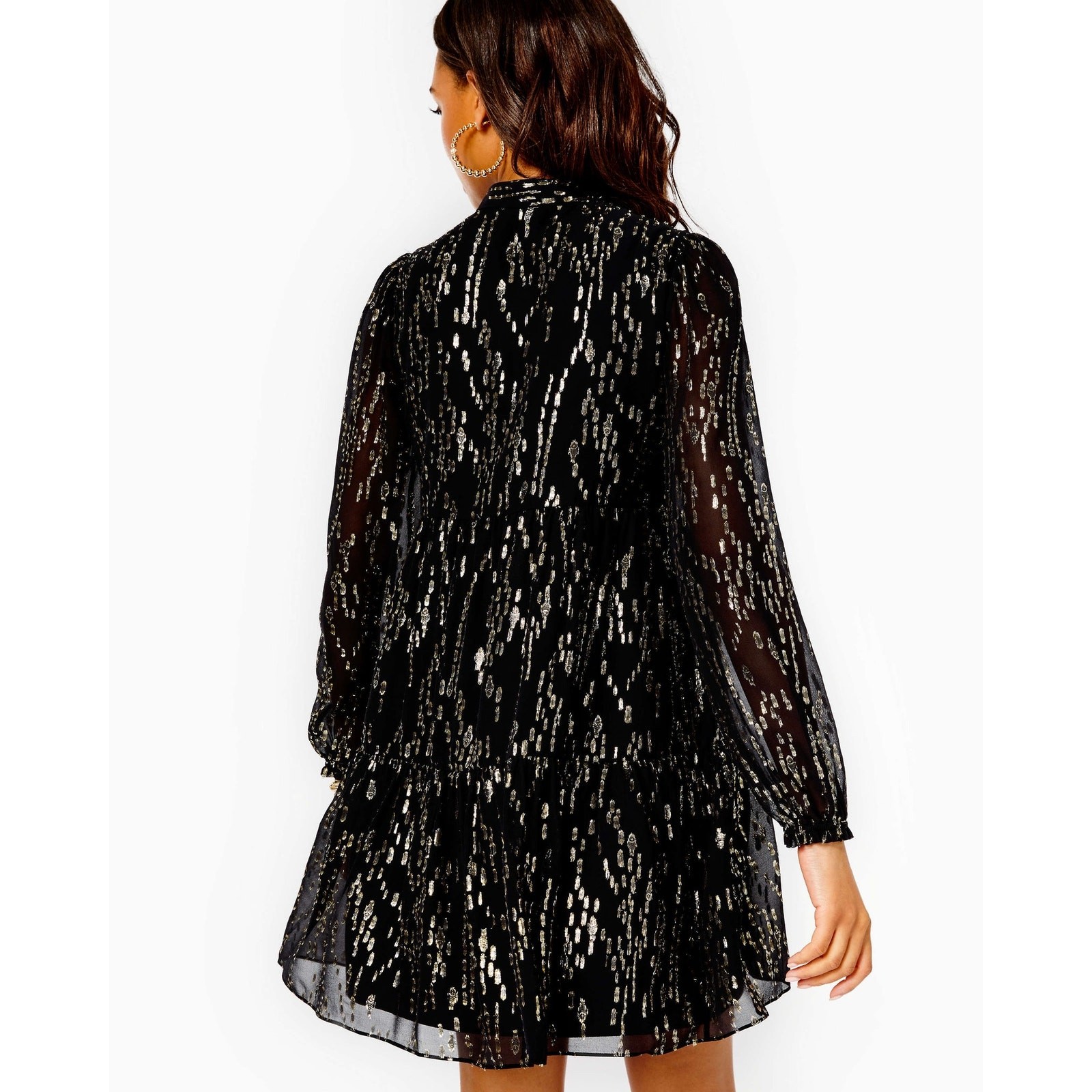 Lilly Pulitzer Winona Silk Swing Dress – Onyx Fish Clip Gold Chiffon S NWT
