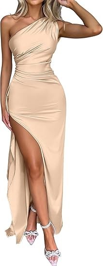 Women’s Sexy One Shoulder High Split Cocktail Wedding Party Maxi Dress
