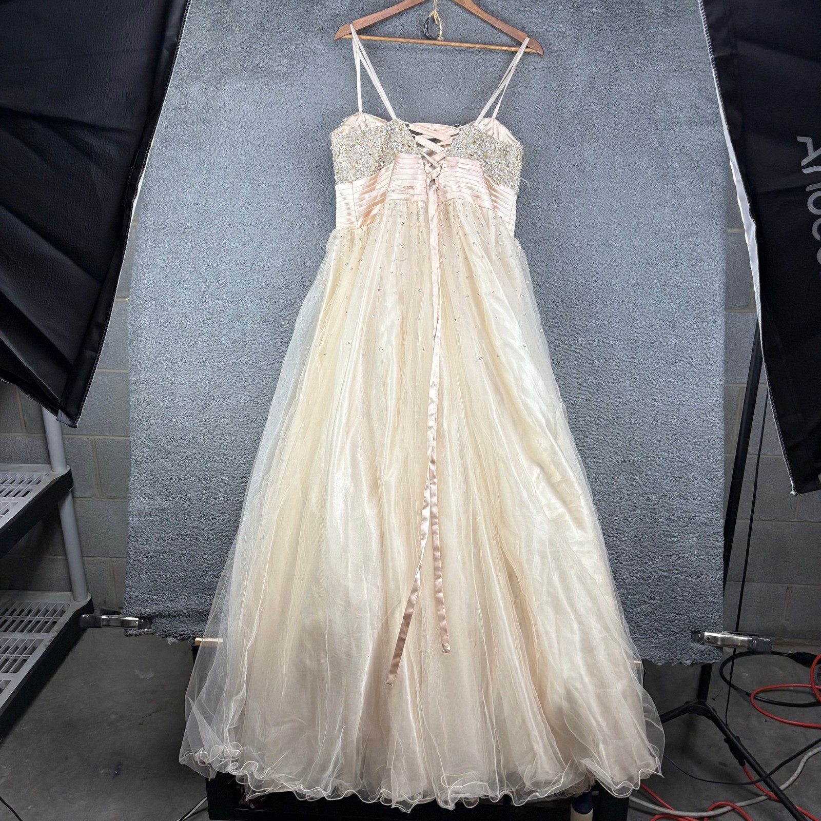 Dave & Johnny Champagne Sequin Beaded Tulle Prom Gown Dress 19/20 Plus Size