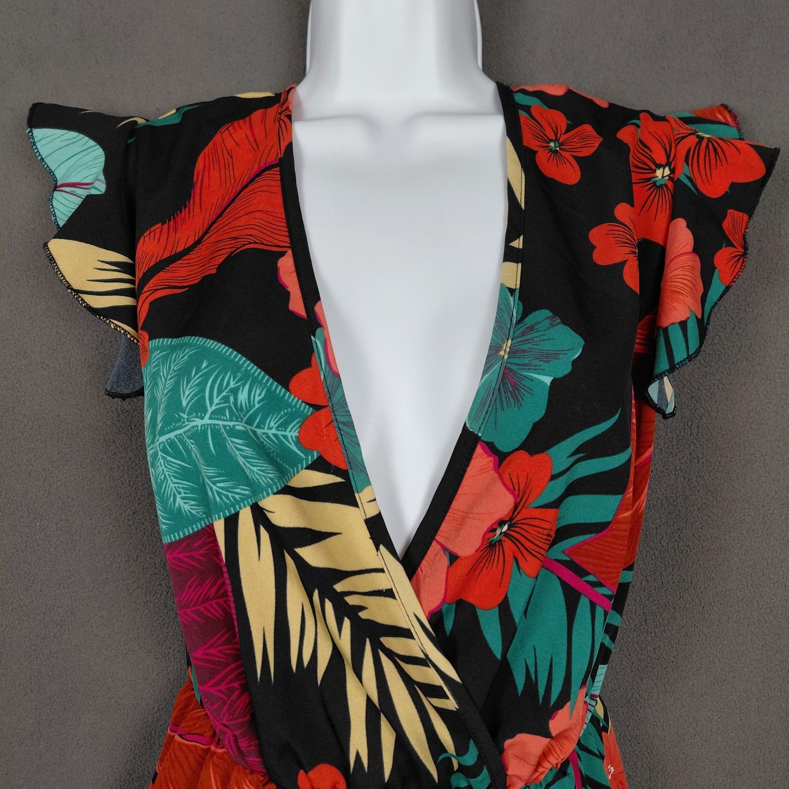 Tropical Floral V-Neck Ruffle Mini Dress Flutter Sleeve Tie Back High Waist ?Lg?