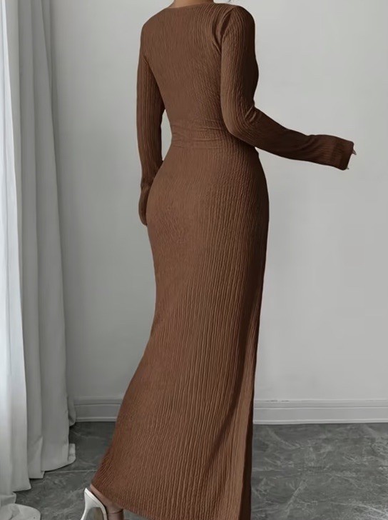 Brown Asymmetrical Neck Long Sleeve Maxi Dress Ring Detail Ruched Side Slit