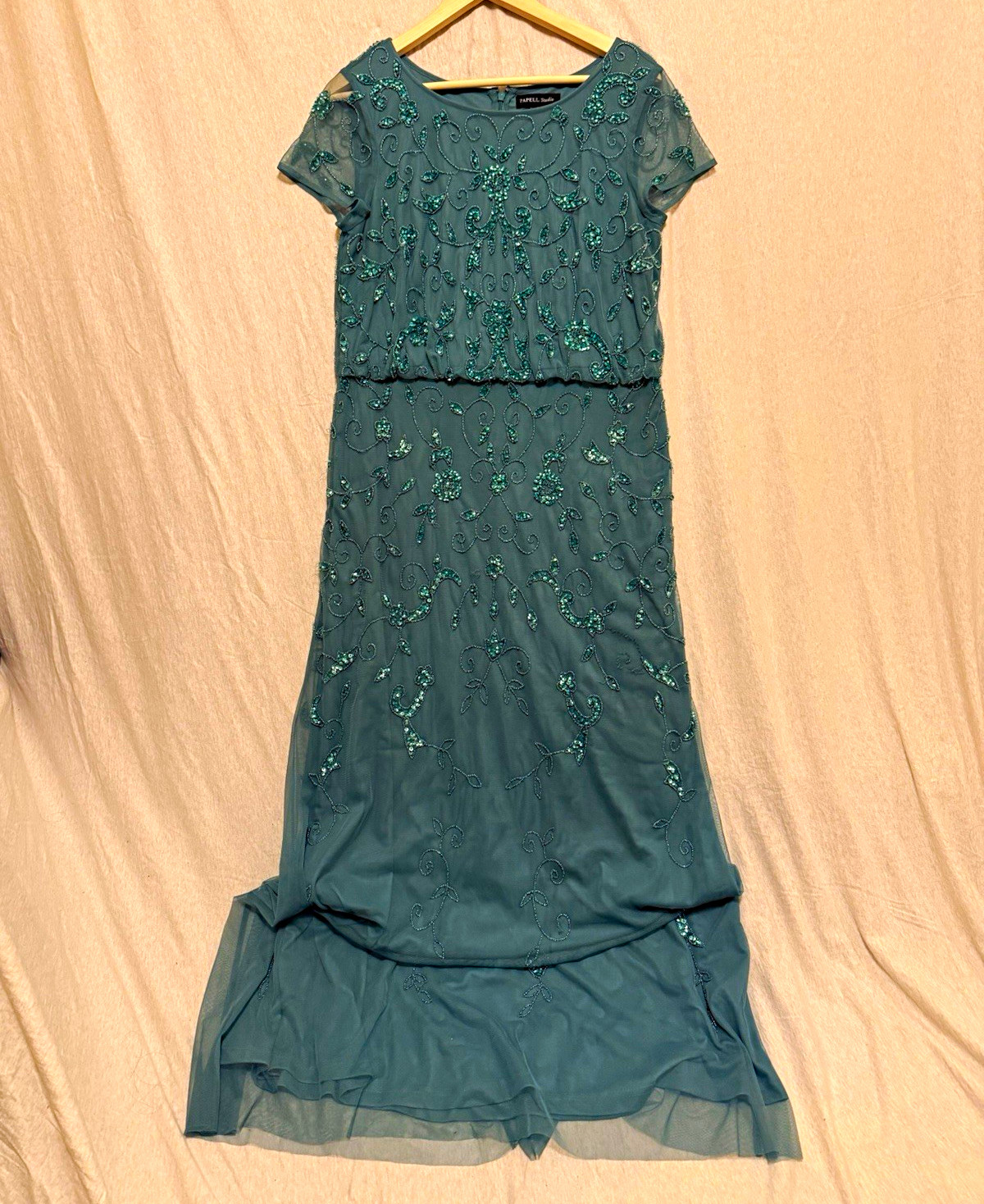 Adrianna Papell Blue Beaded Sequin Mesh Floral Scoop Neck Cap Sleeve Size 12