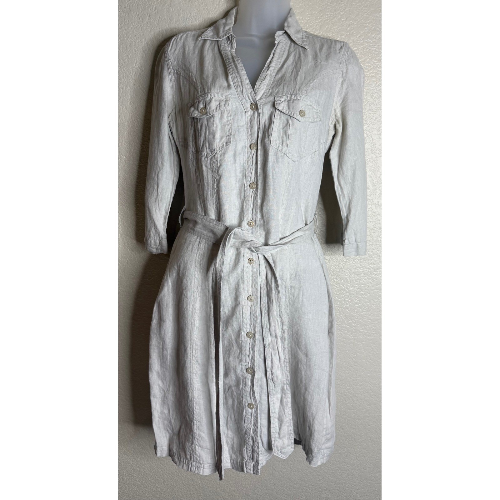 Marks Spencer Women UK 8 US 4 Linen Shirt Dress Stone Belted Utility Pocket Midi